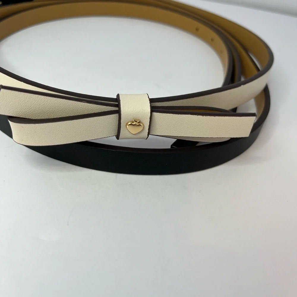 Kate Spade 2 Leather Belts New Cream black thin Belts Bow Logo XL 42 in